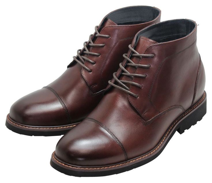 The CALTO - Y41081 - 3.2 Inches Taller (Cordovan Dark Brown) bold cap-toe sets a trendy yet simplistic style for a dapper look. The premium outer leather is feet-conforming while the inner faux fur keeps you plenty warm. This truly versatile elevator boot features a crepe sole and triple stitching across the cap-toe, to withstand the test of time. An ideal height increase without jeopardizing comfort. Features: Style: Casual boot wear. Cap toe. Lace Up. Mid-top over the ankle. Best boot for cold Dark Brown Leather Boots, Simplistic Style, Height Increase, Tall Men, Brown Leather Boots, Cool Boots, Tall Guys, Dark Brown Leather, Casual Sandals