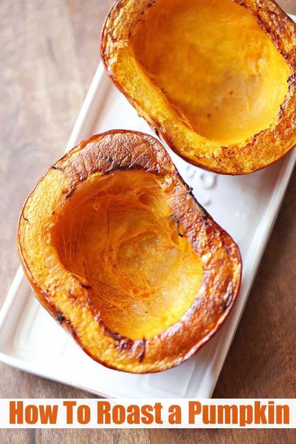 two roasted pumpkins on a white plate with the words how to roast pumpkin in it