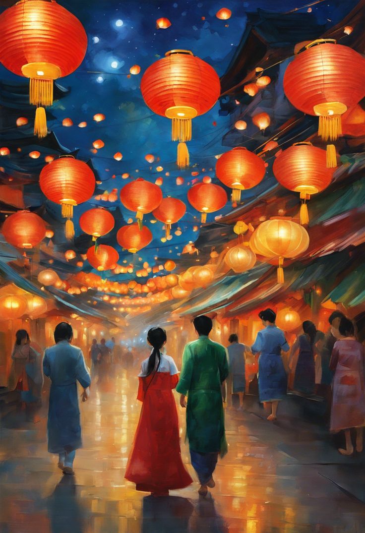 a painting of people walking down a street with lanterns hanging from the ceiling