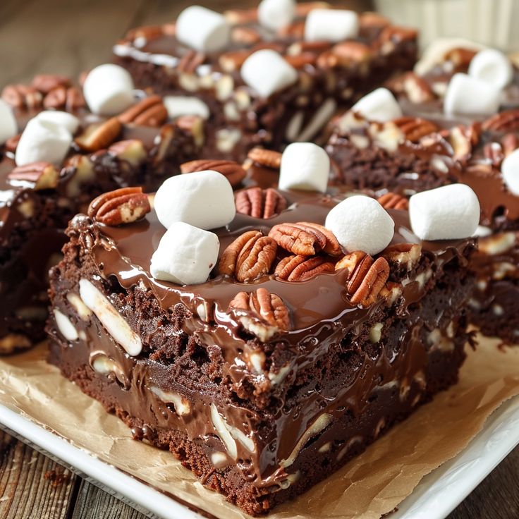 a piece of chocolate cake with marshmallows on top