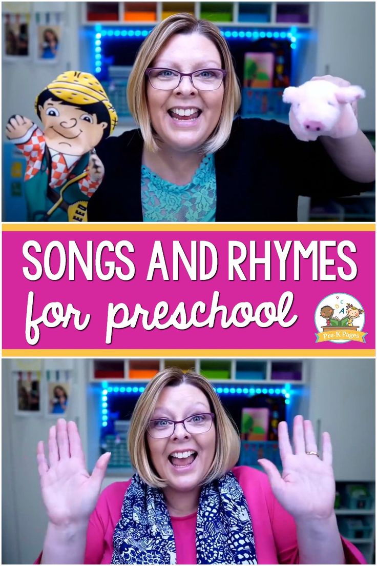 a woman with her hands up in front of the words songs and rhymes for preschool