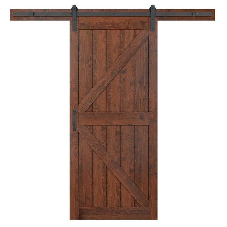 a wooden sliding door with metal hardware on the top and bottom bars, against a white background