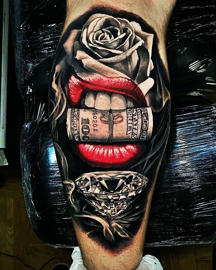 3D Diamond Tattoo Lips And Money Tattoo, Diamonds Tattoo Designs, 3d Diamond Tattoo, Money Tattoos Women, Diamond Hand Tattoo, Gangster Tattoos Designs For Men, Gangsta Tattoos Men Design, Diamond Tattoo Men, Gangster Tattoos For Women