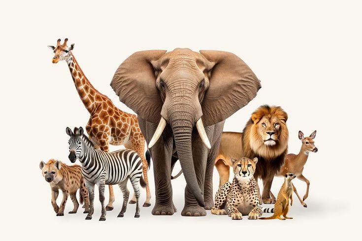 an elephant, lion, giraffe, zebra and other animals are grouped together