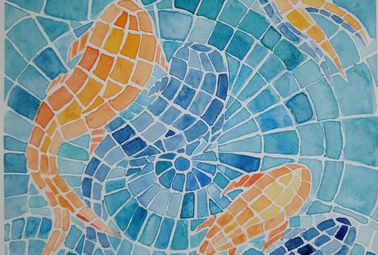 a painting of two fish in blue and orange mosaic tiles with watercolors on paper