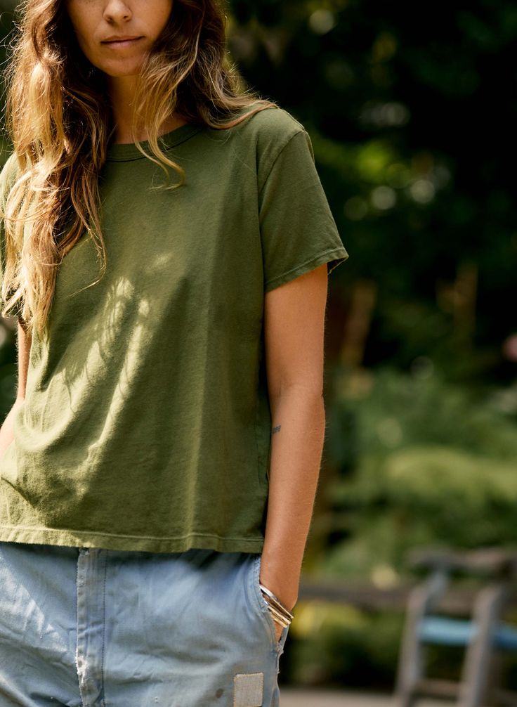 drop tee in olive – imogene + willie Relaxed Washed Cotton Tops, Short Sleeve Washed Organic Cotton Tops, Basic Washed Organic Cotton Tops, Washed Organic Cotton Short Sleeve Tops, Everyday Washed Organic Cotton T-shirt, Green Short Sleeve T-shirt For Layering, Relaxed Everyday T-shirt For Fall, Olive Relaxed Fit Short Sleeve Top, Olive Short Sleeve Top With Relaxed Fit