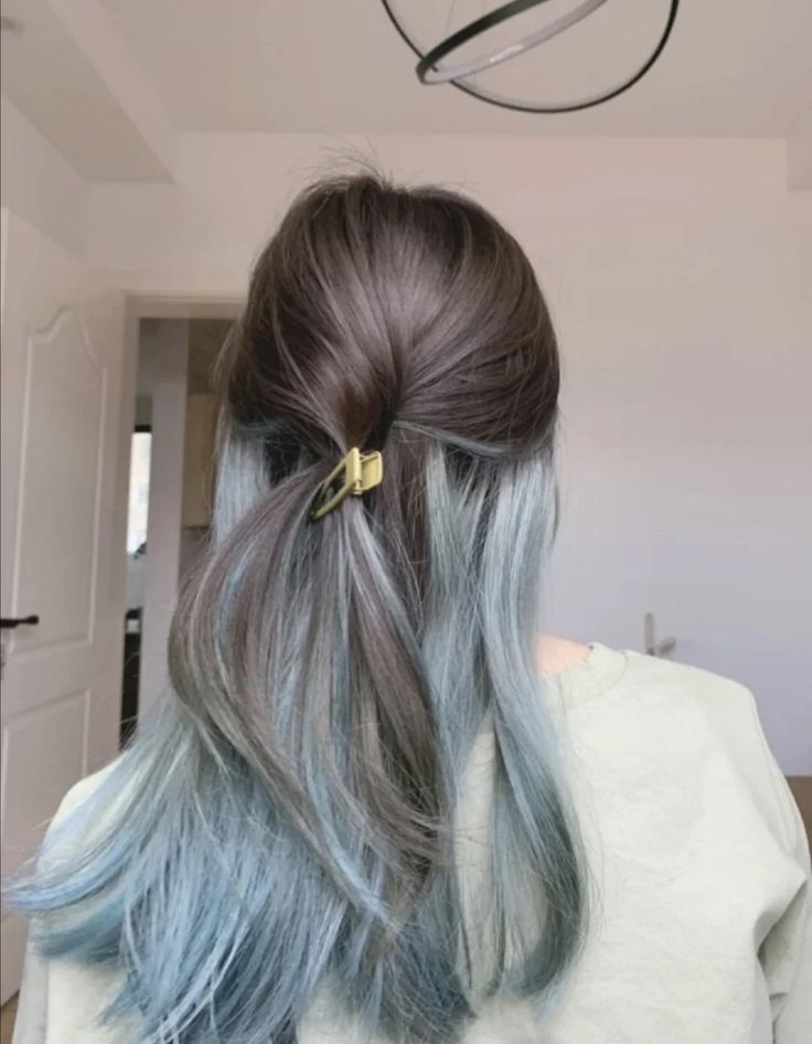 Icy Blue Short Hair, Light Blue Peek A Boo Hair, Light Brown Blue Hair, Underneath Blue Hair, Light Blue Peekaboo Hair, Light Blue Highlights In Brown Hair, Icy Blue Highlights, Light Blue Ombre Hair, Icy Blue Hair