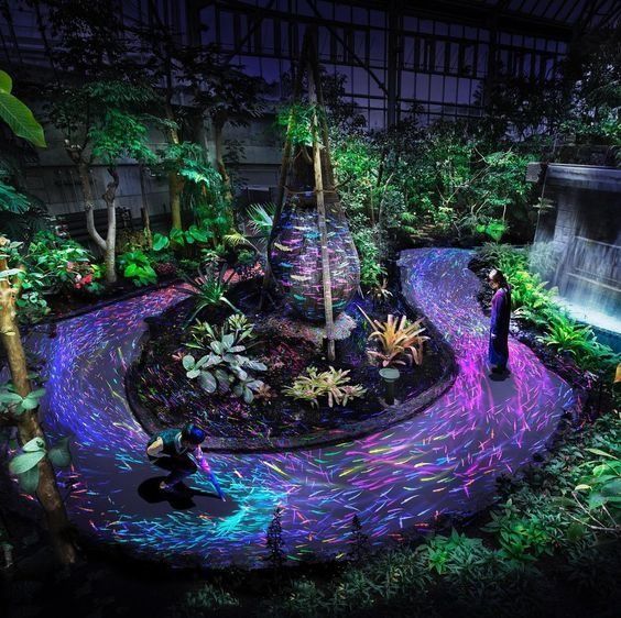 a man standing in the middle of a garden at night with colorful lights on it