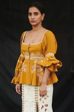 Shop for Chandrima Yellow Kala Cotton Peplum Top for Women Online at Aza Fashions Cotton Peplum Top, Fancy Dress Ideas, Bakra Eid, Pakistani Party Wear Dresses, Indian Kurti Designs, Designer Kurti Patterns, Casual Indian Fashion, Fancy Tops, Traditional Indian Outfits