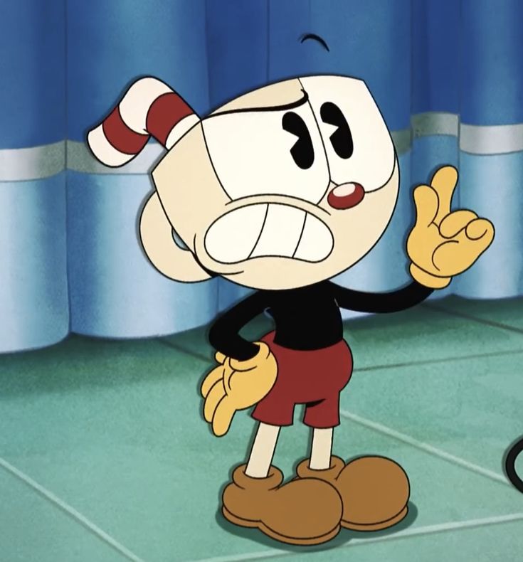 an animated mickey mouse character standing in front of a blue curtain