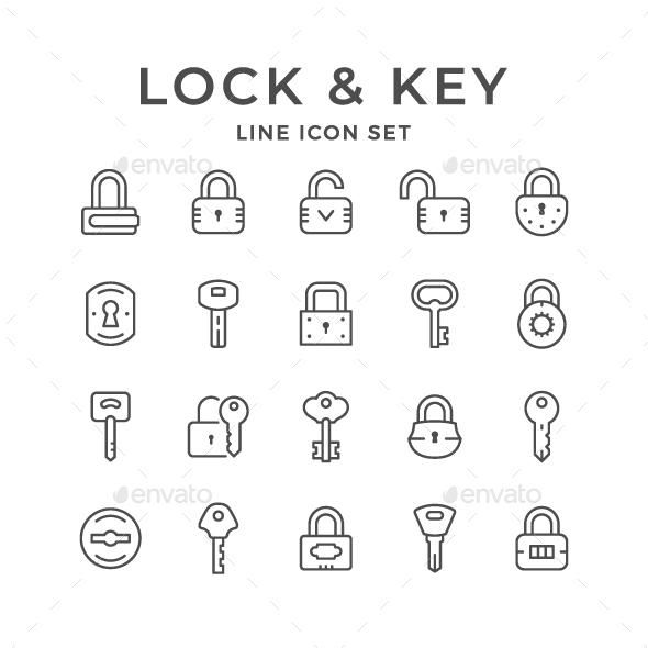 lock and key line icon set - miscellaneous symbols / objects web elements, icons & buttons