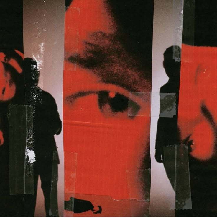 an image of a man's face in the middle of multiple images, with red and black background