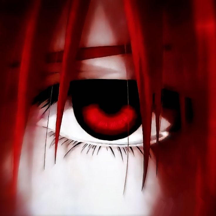 an anime eye with red eyes and long hair is shown in the foreground, as if