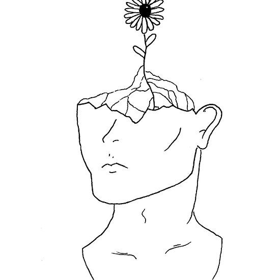 a drawing of a man's head with a flower sticking out of it