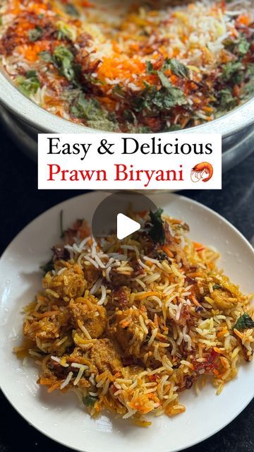 two plates with different types of food on them and the words easy & delicious prawn biryani