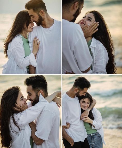 a couple hugging each other on the beach