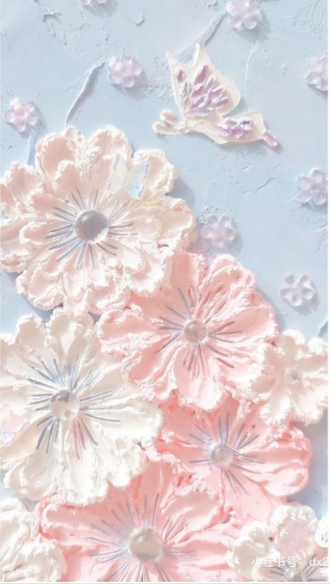 pink and white flowers on a blue background with butterflies flying above them in the air