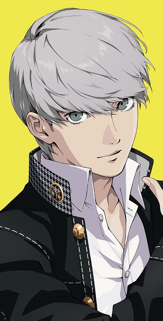 an anime character with white hair and blue eyes wearing a black jacket, standing in front of a yellow background