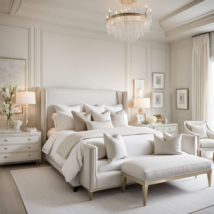 a large white bed sitting in a bedroom next to a chandelier and window