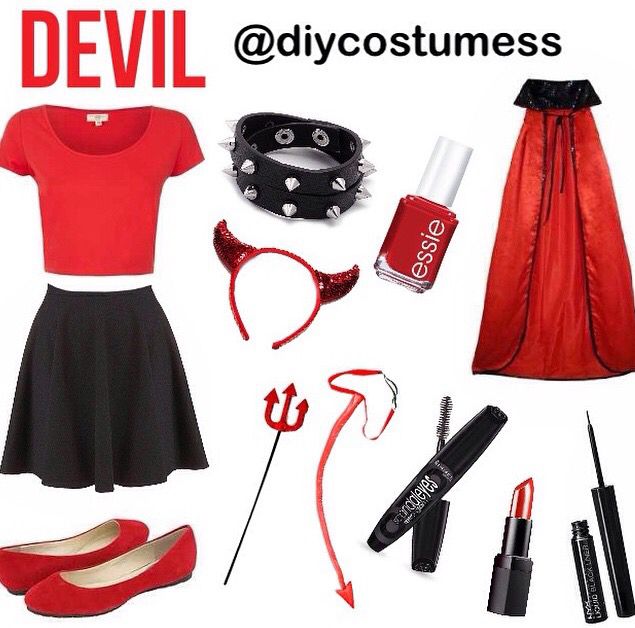 the devil costume is red, black and white with accessories including a skirt, top, shoes, lipstick, bracelets