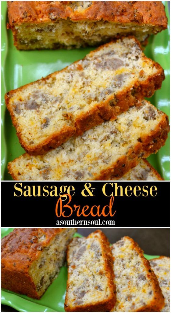 sausage and cheese bread on a green plate with text overlay that reads sausage and cheese bread