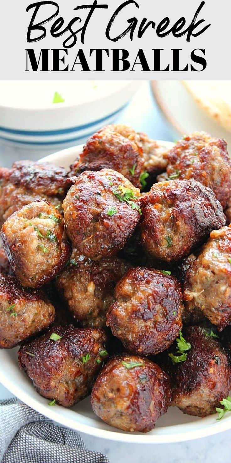 Greek Meatballs stacked up on a plate. Meatballs With Tzatziki Sauce, Greek Meatballs Recipe, Lamb Meatballs Greek, Ground Lamb Recipes, Simple Tomato Sauce, Ground Turkey Meatballs, Juicy Meatballs, Mediterranean Diet Recipes Dinners, Greek Dinners