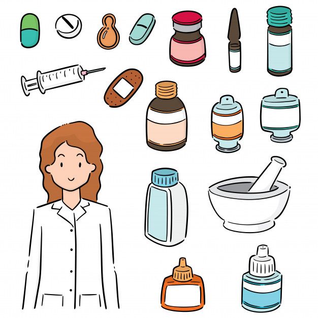 a woman standing in front of various medical and beauty products on a white background illustration