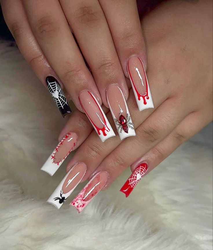 Joker Nails, Blood Nails, Horror Nails, Long Square Nails, Simple Fall Nails, Halloween Acrylic Nails, Long Acrylic Nail Designs, Grunge Nails, Short Square Acrylic Nails