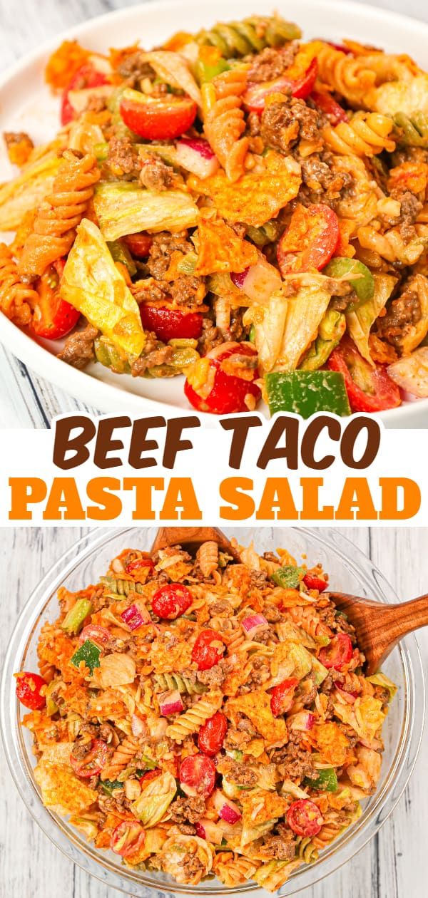 beef taco pasta salad in a glass bowl