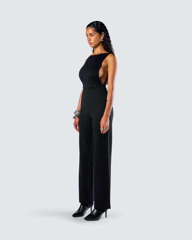 Nothing like a chic little business casual moment 💅 Let them know who the boss really is in this black maxi jumpsuit made from ponte fabric and complete with a fitted top, wide legs, and a backless design 🖤 Chic Strapless Maxi Jumpsuit For Evening, Formal Stretch Strapless Jumpsuit, Elegant Evening Strapless Maxi Jumpsuit, Elegant Strapless Maxi Jumpsuit For Night Out, Elegant Stretch Strapless Jumpsuit With Backless Design, Elegant Strapless Stretch Jumpsuit For Night Out, Elegant Stretch Strapless Backless Jumpsuit, Elegant Backless Jumpsuits For Date Night, Elegant Strapless Backless Jumpsuit For Formal Occasions