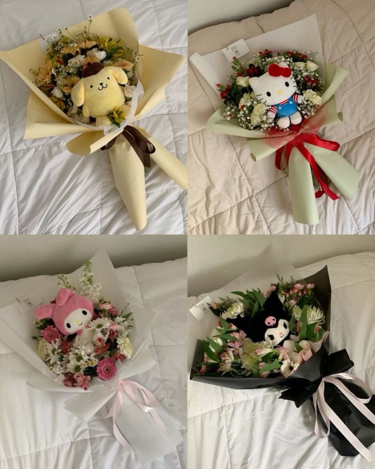 four bouquets of flowers laid out on a bed with white sheets and black bows