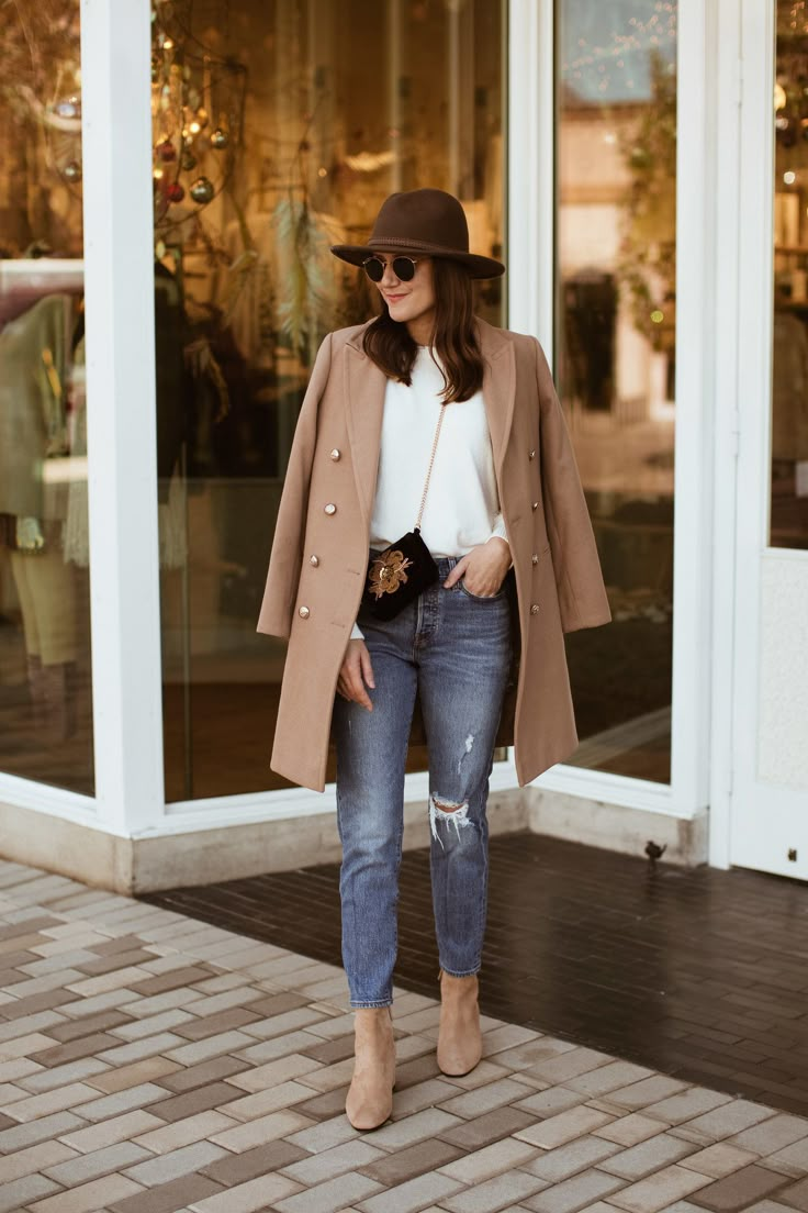 Camel Coat, White Sweater + Talking About Shopping Less Beige Ankle Boots Outfit Winter, Neutral Ankle Boots Outfit, Beige Booties Outfit Winter, Beige Suede Ankle Boots Outfit, Neutral Boots Outfit, Beige Boot Outfit, Camel Boots Outfit Winter, Outfit With Beige Boots, Camel Ankle Boots Outfit