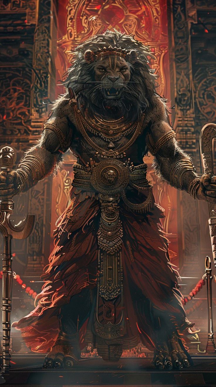 a lion standing in front of a throne with two hands on it's hips