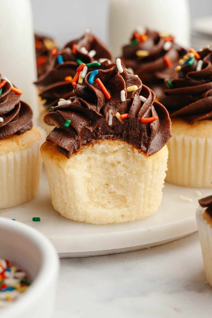 cupcakes with chocolate frosting and sprinkles on a white plate