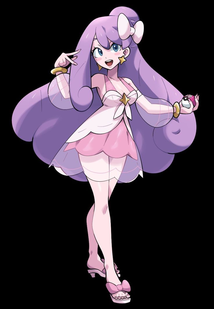 an anime character with long purple hair wearing a pink dress and holding a toy in her hand