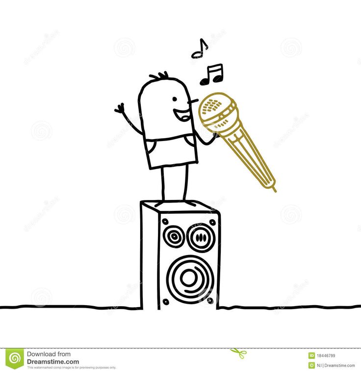 a cartoon man holding a microphone on top of a speaker box with music notes coming out of it