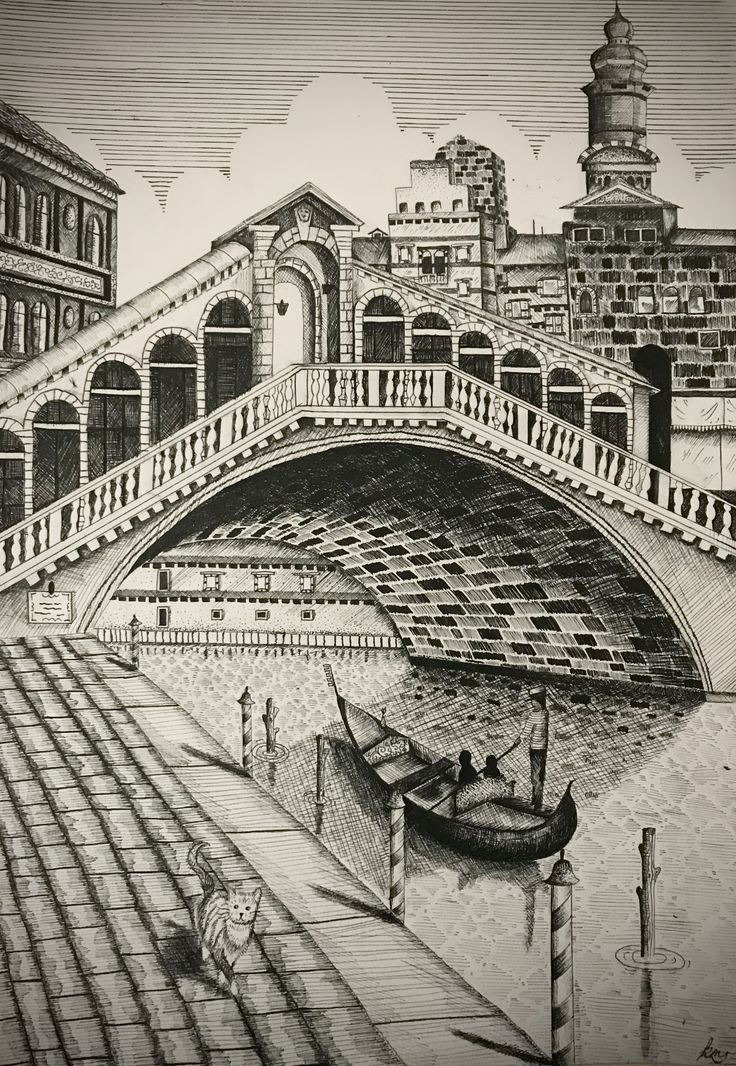 a black and white drawing of a boat under a bridge