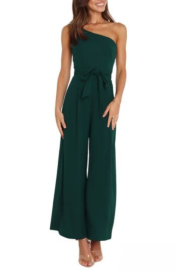 Elevate your special-occasion style with this asymmetric jumpsuit featuring a tie belt and a flowy, wide-leg silhouette. Hidden back-zip closure Asymmetric neck Adjustable strap Removable tie belt Partially lined 95% polyester, 5% spandex Hand wash, dry flat Imported Halter Jumpsuit Outfit Classy, Womens Wedding Guest Outfit Pants, Jumpsuit Family Photos, Female Officiant Attire Wedding, Green Bridesmaid Jumpsuit, Smart Casual Attire Women, Jumpsuit For Wedding Guest Classy, Officiant Outfit Female, Rustic Wedding Guest Attire