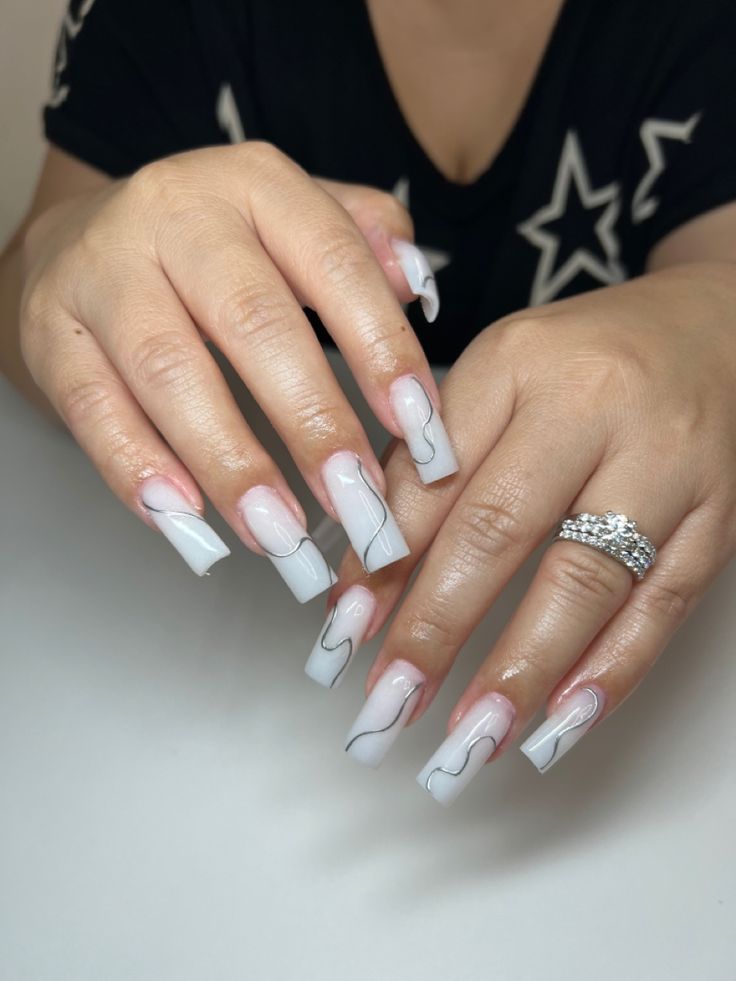 #chrome #chromenails #milkywhitenails #acrylicnaildesigns #nailart #naildesignideas White Nails And Silver, White Nails With Designs, Chrome Nail Design, Milky White Nails, Chrome Nails Designs, Chrome Nail, Nail Art Disney, Gel Nail Design, Silver Nails