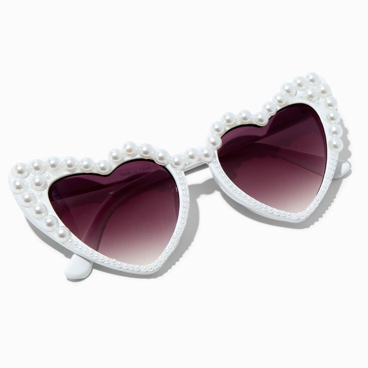 White Pearl Heart-Shaped Sunglasses, Trendy White Sunglasses For Valentine's Day, Heart-shaped White Sunglasses With Tinted Lenses, White Heart-shaped Sunglasses With Tinted Lenses, White Heart-shaped Sunglasses With Gradient Lenses, White Heart-shaped Sunglasses For Beach, White Heart-shaped Sunglasses For Summer, White Heart-shaped Beach Sunglasses, White Heart-shaped Sunglasses For Valentine's Day, Shaped Sunglasses