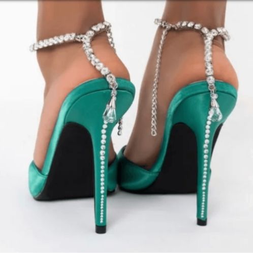 New With Box Smoke Free Home Fast Shipping Same Day Or Next 100% Man Made Materials - 4.5” Heel (Approx. Measured From Size 8) - Model Is Wearing Size Size 8 - Imported Green High Heels With Rhinestones, Green 4-inch Heels For Party, Glamorous Green Ankle Strap Heels, Elegant Green Heels For Party, Glamorous Green Heels With Closed Toe, Glamorous Green Closed Toe Heels, Elegant Green Heels For Events, Elegant Green Heels For Event, Formal Green Heels With Rhinestones