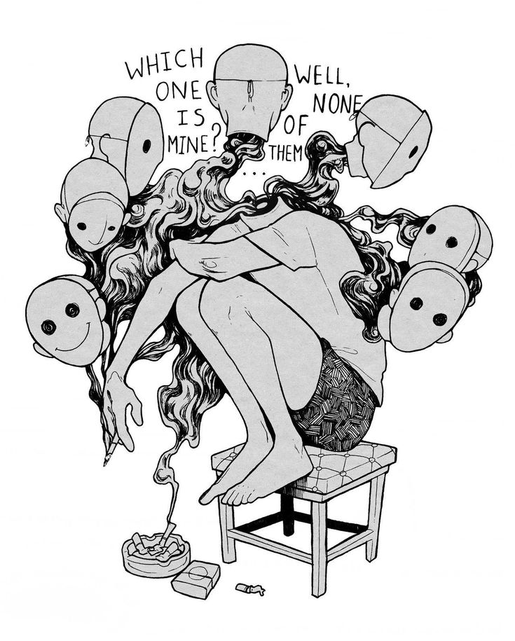 a black and white drawing of a woman sitting on top of a stool surrounded by balloons