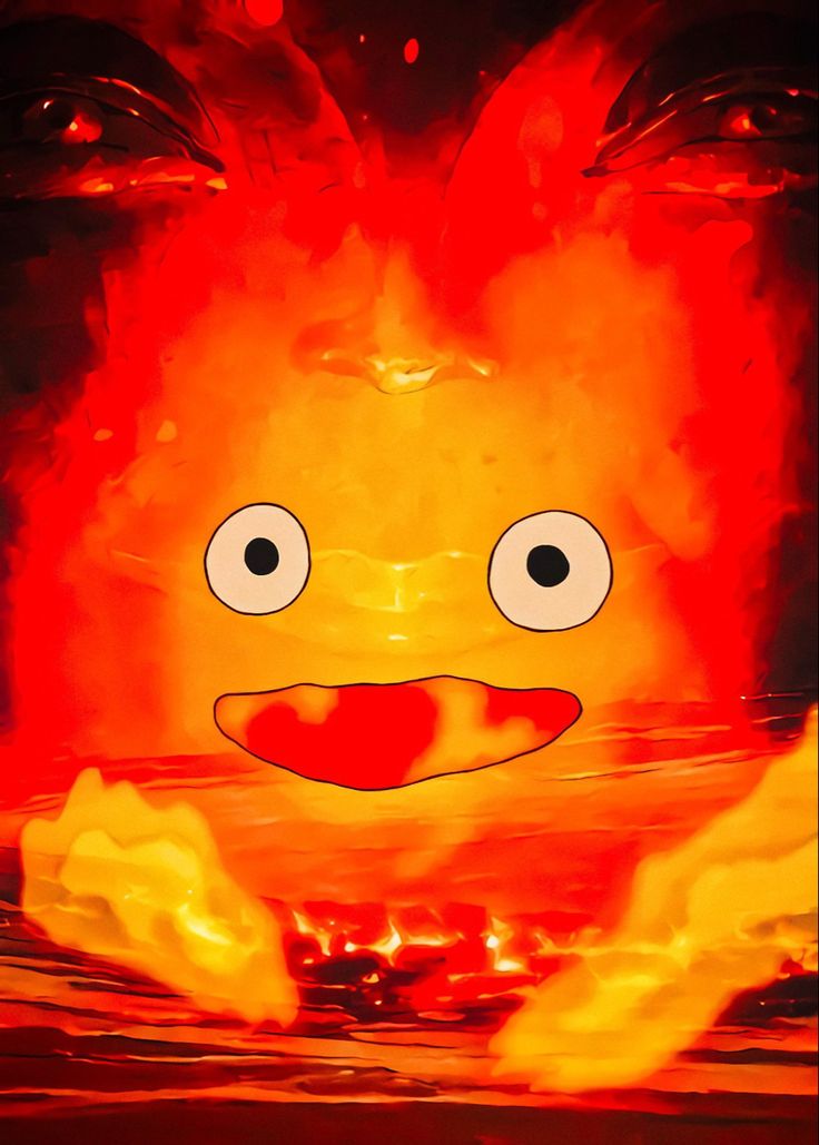 an animated face is shown in front of a blazing fire with eyes and mouth wide open