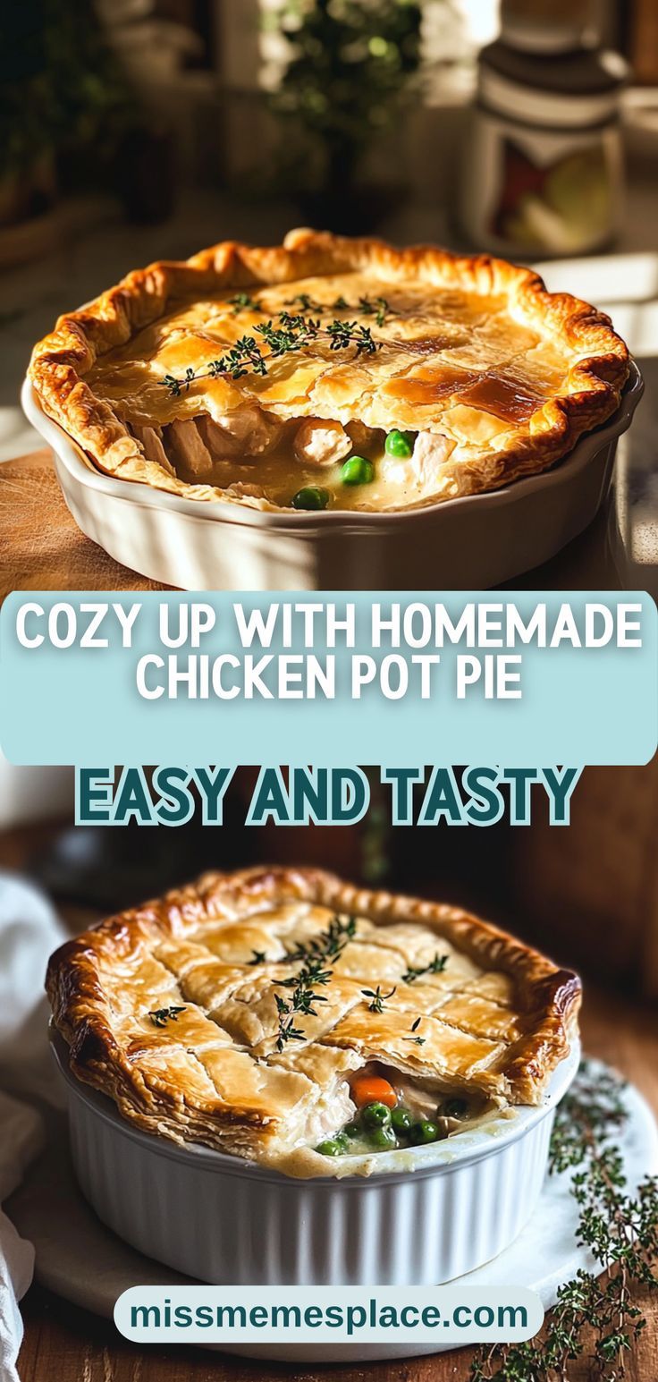 two pies with the words cozy up with homemade chicken pot pie easy and tasty