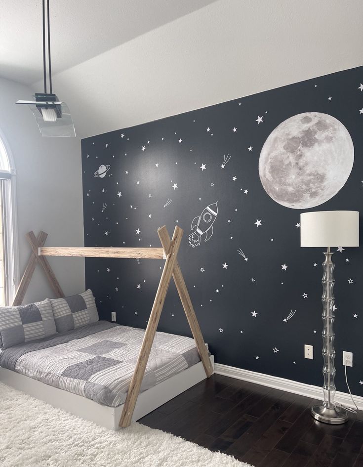 Night Sky Bedroom Night Sky Bedroom, Toddler Boy Room Themes, Boys Space Room, Sky Bedroom, Boys Space Bedroom, Boy Room Themes, Boys Bedroom Paint, Toddler Boy Room Decor, Boy Toddler Bedroom