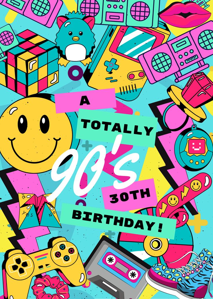 there is a poster with various items in the shape of a smiley face and words that say,'90's 30th birthday