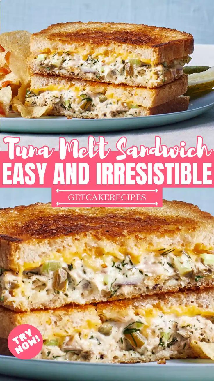 two grilled sandwiches on plates with text overlay that reads tuna melt sandwich easy and irresistible