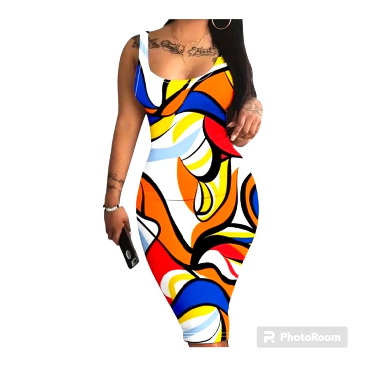 Ashley Marie Boutique Sexy Abstract Print Sleeveless, Crew-Neck Stretchy Bodycom Midi Tank Dress Size: Small (4) Medium (6) Large(8/10) X-Large (12) Please See Photos For More Details And Measurements Tote: 16 White Sleeveless Mini Dress For Club, Trendy White Sleeveless Party Dress, Casual Summer Bodycon Dress For Club, Orange V-neck Bodycon Dress For Summer, White Sleeveless Bodycon Dress For Club, White Fitted Bodycon Dress For Vacation, Chic Multicolor Bodycon Summer Dress, Trendy Orange Bodycon Dress For Summer, Trendy Orange Bodycon Summer Dress