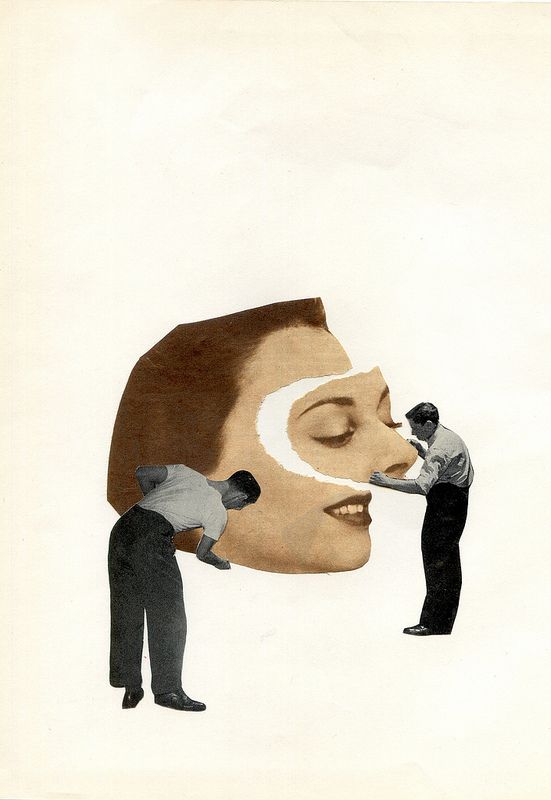 an illustration of a man with his face painted like a woman's head and two men working on it