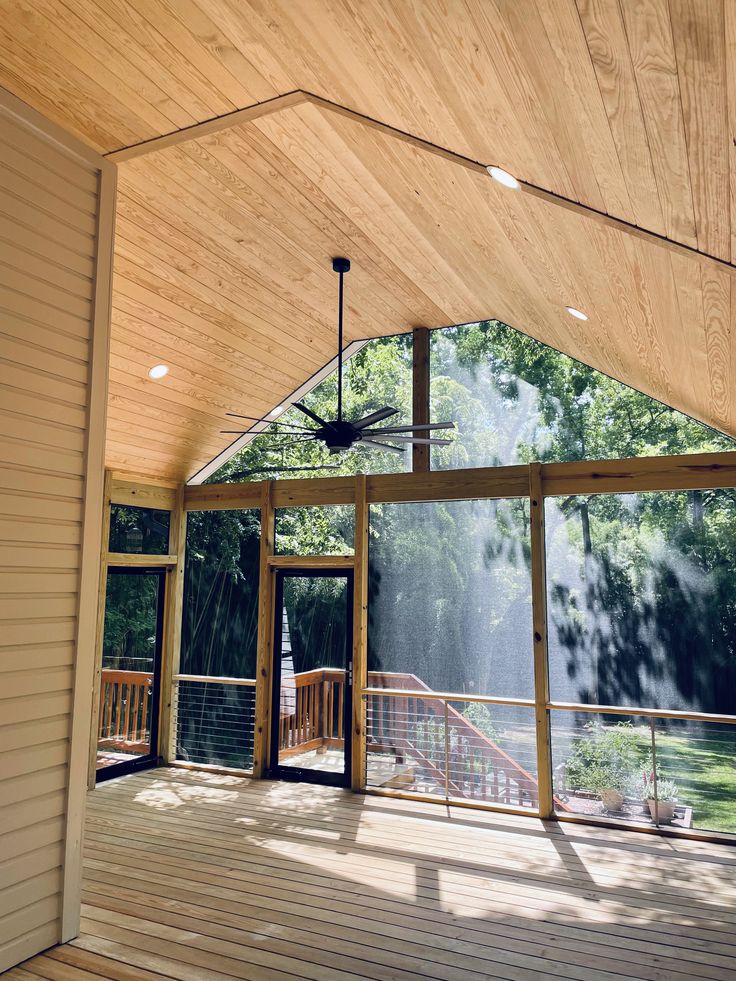 Vaulted Ceiling Screened In Porch in Durham NC with tongue and groove ceiling, ceiling fan, Larson Storm doors, recessed lighting, feeney system railings, Screeneze screens Cathedral Back Porch, Screened In Porch Lighting, Vaulted Porch Ceiling, Larson Storm Doors, Groove Ceiling, Screened Porches, Tongue And Groove Ceiling, Storm Doors, Porch Ceiling